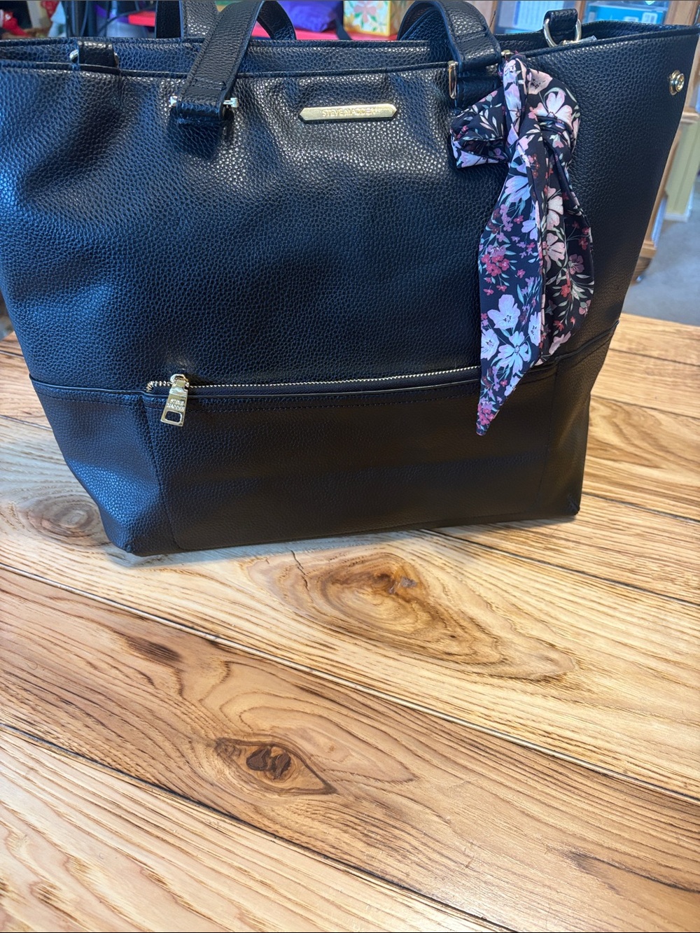 Steve Madden Black Tote with Floral Scarf Accent